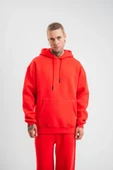 Unisex Double Oversize Kapşonlu Basic SweatShirt - Kırmızı - 1