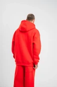 Unisex Double Oversize Kapşonlu Basic SweatShirt - Kırmızı - 2