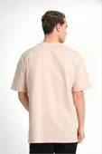 Unisex Düz Biskilet Yaka Oversize T-shirt - Bej - 2