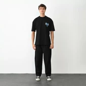 Unisex Bisiklet Yaka Baskılı Oversize T-Shirt - Siyah - 1