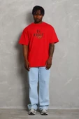 Unisex Oversize Baskılı Bisiklet Yaka T-Shirt - Kırmızı - 2