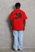 Unisex Oversize Baskılı Bisiklet Yaka T-Shirt - Kırmızı - 1