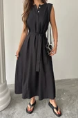 KETEN ELBİSE KOLSUZ BEL BAĞLAMALI MAXİ ELBİSE - Siyah thumbnail 3