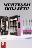 Elektrikli Manikür Pedikür Seti İkili Set 12 Parça Tırnak Bakımı Törpü Protez Çıkarma thumbnail 2