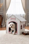 Ahşap Dekoratif Köpek Evi-Kulübesi, Küçük Irk Köpekler İçin Kulübe, Köpek Kulübesi Beyaz-Pembe - 1