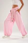Tasarım Keten Pembe Baggy Pantolon - 3