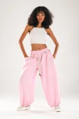 Tasarım Keten Pembe Baggy Pantolon - 1