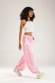 Tasarım Keten Pembe Baggy Pantolon - 5