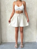 BİÇOMİ Volanlı keten şort bej s255058 thumbnail 1