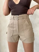 BİÇOMİ Kemer detaylı gabardin şort bej s25289 thumbnail 1