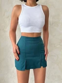 BİÇOMİ Çift yırtmaçlı atlas şort etek petrol yeşili s240364 thumbnail 6