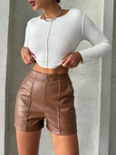 BİÇOMİ Parçalı cepli deri şort taba w26312 thumbnail 1