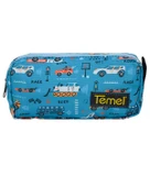 Temel Taşıt Desenli Okyanus Mavisi Tek Gözlü Kalem Çantası - 1