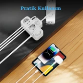 BEYAZ Akıllı Priz Termal Korumalı 3 Prizli Çoklu Akım Prizi | 2 USB-A + 1 USB - KORUMALI PRİZ - 4