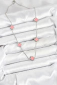 Tahtakale Toptancı  Çelik Zincir Gümüş Renk Pembe Baby Boy Yonca Kadın Kolye 10579 - 2