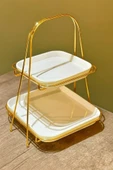 2 Katlı Kare Gold Metal Standlı Mika Sunumluk Şekerlik Lokumluk Kurabiyelik - 1