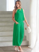 Yazlık Yüksek Bel Kapri Pantolon Sırt Detaylı Kolsuz Yeşil Keten İkili Takım - 2