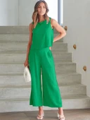 Yazlık Yüksek Bel Kapri Pantolon Sırt Detaylı Kolsuz Yeşil Keten İkili Takım - 1