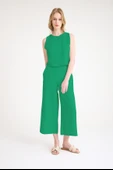 Yazlık Sırt Detaylı Kolsuz Üst Yüksek Bel Kapri Pantolon Yeşil İkili Keten Takım - 2