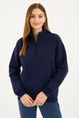 Üç İplik Dık Yaka Yarım Fermuarlı SweatShirt - Lacivert - 4