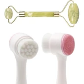 BUFFER® 2li Set Çift Taraflı Cilt Temizleme Fırçası ve Yeşim Taşı Çift Taraflı Cilt Masaj Aleti - 2