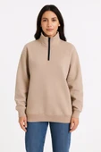Üç İplik Dık Yaka Yarım Fermuarlı SweatShirt - Bej - 3