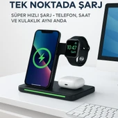 Kablosuz Hızlı Şarj Standı  3ü 1 Arada Katlanabilir Tasarım Telefon Saat Kulaklık İçin - 4