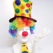 Renkli Palyaço Kostüm Seti – 5 Parça Aksesuar (Şapka, Peruk, Kravat, Eldiven, Burun) - 2