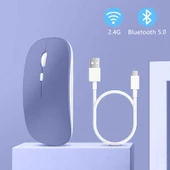 Apple İpad Şarj Edilebilir Sessiz Mouse Bluetooth + 2.4Hz Wifi Kablosuz Mouse Fare  Lavanta - 3