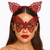 Gösterişli Kırmızı Dantel Maske ve Taç Seti 7 No - 1
