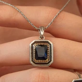 Gümüş Lacivert Taşlı Dikdörtgen Kadın Kolye - 1