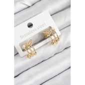 Pirinç Zirkon Taşlı İnci Detaylı Balık Kuyruğu Model Gold Renk Kadın Küpe - 1