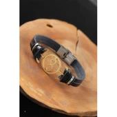 Gold Renk Sonsuzluklu Metal Aksesuarlı Siyah Renk Deri Erkek Bileklik - 1