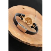 Gold Renk Metal Ağaçlı Tasarım Siyah Renk Deri Erkek Bileklik - 2