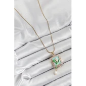 316L Çelik Zincir Turkuaz Sanatsal Portre Sallantılı İnci Detaylı Lale Model Gold Renk Kadın Kolye Vice-5353 - 2