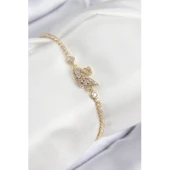 Pirinç Zirkon Taşlı Kuğu Model Gold Renk Kadın Bileklik Vice-5353 - 1