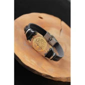 Gold Renk Metal Ağaçlı Tasarım Siyah Renk Deri Erkek Bileklik - 1