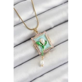 316L Çelik Zincir Turkuaz Sanatsal Portre Sallantılı İnci Detaylı Lale Model Gold Renk Kadın Kolye Vice-5353 - 1