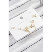 Pirinç Zirkon Taşlı Kelebek Model Gold Renk 925 Ayar Gümüş Çivi Kadın Küpe Set - 1