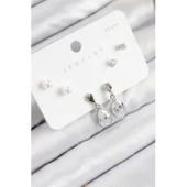 Pirinç Zirkon Taşlı Sallantılı Damla Model Gümüş Renk 925 Ayar Gümüş Çivi Kadın Küpe Set - 1