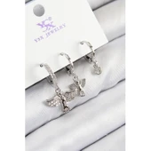 Pirinç Zirkon Taşlı 3'lü Kuş Model Gümüş Renk Kadın Küpe - 1