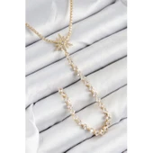 Pirinç Zirkon Taşlı Kutup Yıldızı Model Gümüş Renk Y Kolye - 1