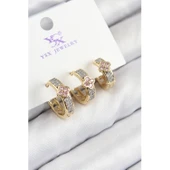 Pirinç Zirkon Taşlı 3'lü Halka Yonca Model Gold Ve Gümüş Renk Kadın Küpe - 1