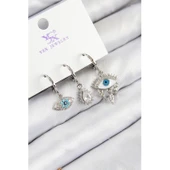 Pirinç Zirkon Taşlı 3'lü Fatma'nın Gözü Model Gümüş Renk Kadın Küpe - 1