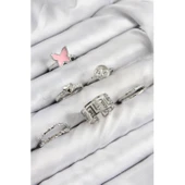 Pirinç Kelebek Ve Kalp Model Gümüş Renk Kadın Yüzük Kombin Set - 1