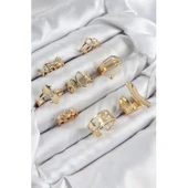 Pirinç Sarmal Ve Yıldız Model Gold Renk Kadın Yüzük Kombin Set - 1