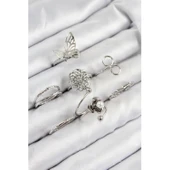 Pirinç Gül Kelebek Model Gümüş Renk Kadın Yüzük Kombin Set - 1