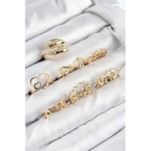 Pirinç Zirkon Taşlı Fiyonk Ve Kalp Model Gold Renk Kadın Yüzük Kombin Set - 1