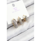 Pirinç Zirkon Taşlı 3'lü Halka Model Gold Ve Gümüş Renk Kadın Küpe - 1