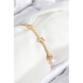 Pirinç Zirkon Taşlı Yıldız Model Gold Renk Asansörlü Kadın Bileklik Vice-5353 - 1